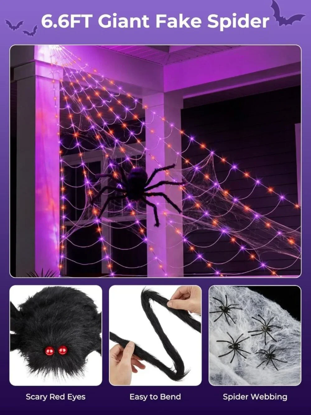 Giant Spider Web Lights for Halloween Decorations - 255 LED Outdoor Display